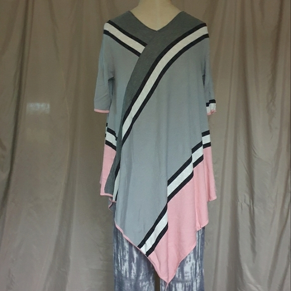 NY Collection Pink & Grey Strip Short Sleeve Asymmetrical Sweater Poncho Sz Md - Picture 8 of 15